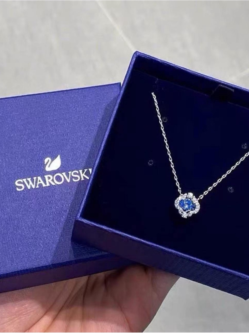 Swarovski Silver Necklace with Deep Blue Crystal Flower Pendant